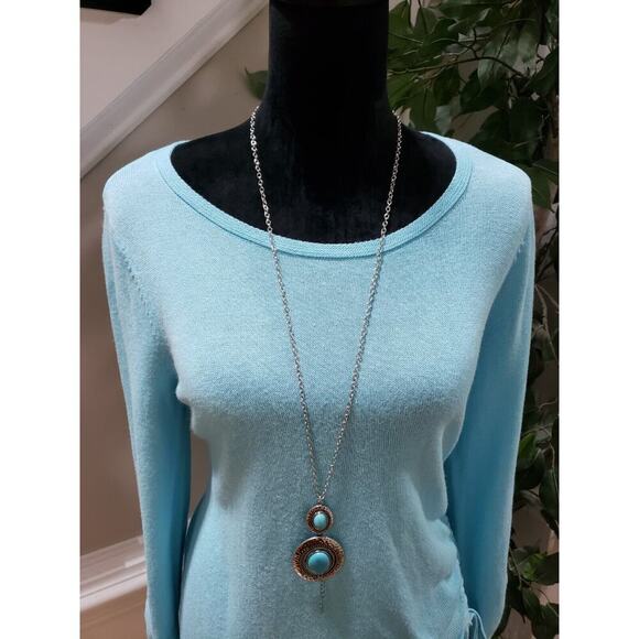 Chico's Women's Blue Solid Ramie Casual Round Neck Long Sleeve Sweater Size 1/M - Picture 2 of 12